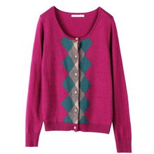 茵曼2012冬裝新款 撞色菱形格子圓領(lǐng)針織小外套，羅蘭紫的優(yōu)雅魅力